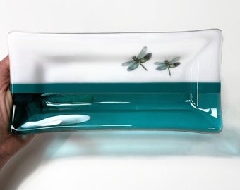 Whimsical Dragonfly Fused Glass Plate, Ideal Gift for Her, Nature Inspired Serving Dish, Handmade Trinket Tray, Spoon rest