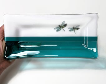 Whimsical Dragonfly Fused Glass Plate, Ideal Gift for Her, Nature Inspired Serving Dish, Handmade Trinket Tray, Spoon rest