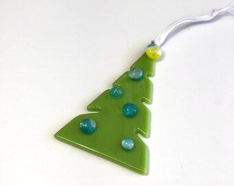 Fused glass ornament iridescent green Christmas tree decoration window hanging unique gifts for dad Christmas ornament