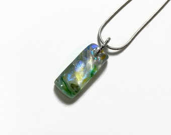 Fused Glass necklace, glass jewelry, dichroic glass pendant, Green and blue, sparkle pendant, iridescent pendant, necklace included