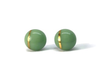 fused glass earrings, glass studs, green and gold, minimalist studs, sparkle studs, button earrings, dichroic glass earrings, round studs