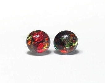 Red fused glass earrings, Dichroic glass jewelry, round earrings, unique gifts for mom