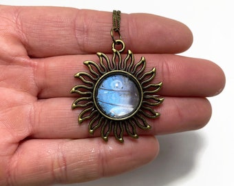 Blue sun pendant, real butterfly wing jewelry, sulkowskyi morpho, teacher gifts, bronze glass necklace, chain included, unique presents