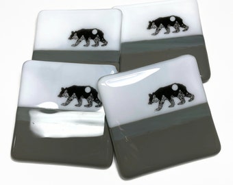 Bear fused glass coasters, drink rests, unique gifts for him, set of 4, bear with mountains, housewarming presents, wildlife