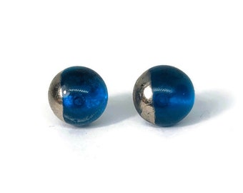 Blue and silver earrings, minimalist round studs, fused glass jewelry, unique friends gifts, hypoallergenic, birthday presents