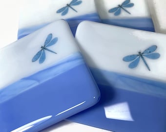 Whimsical Blue Dragonfly Coasters, Set of 4 for Mom, Fused Glass Drink Rests, Coffee Table Decor