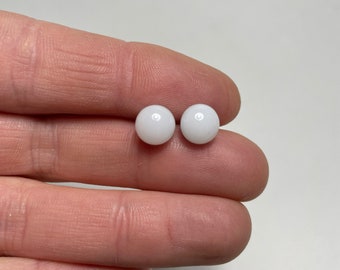 Handmade white stud earrings, fused glass jewelry, round minimalist studs, unique gifts for her, hypoallergenic, sparkle