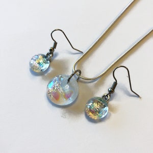 Iridescent rainbow pendant and earring set, dichroic Glass jewelry set, fused glass pendant, drop earrings