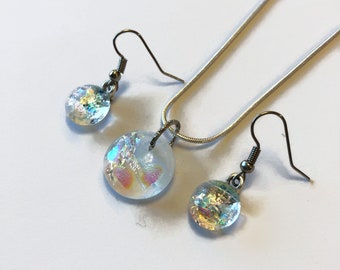 Iridescent rainbow pendant and earring set, dichroic Glass jewelry set, fused glass pendant, drop earrings