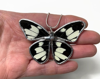 White and black pendant real butterfly wing jewelry, unique gifts for her, recycled glass pendant, insect necklace, chain included