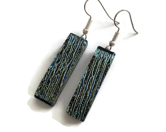 Green earrings gold and black fused glass jewelry dichroic glass dangle earrings hypoallergenic