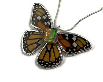 Handcrafted Butterfly Opal Pendant, Real Monarch Jewelry, Nature Inspired Gifts for Her, Stained Glass Necklace