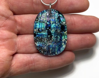 Handcrafted Reflective Blue Necklace, Unique Fused Glass Pendant, Iridescent Jewelry