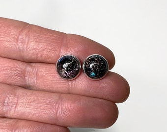 Silver black glass stud earrings dichroic glass jewelry, fused glass earrings, gifts for her, hypoallergenic, iridescent earrings, 12mm