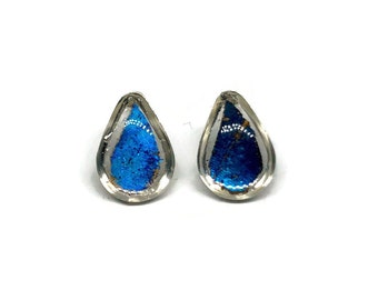 Blue earrings, iridescent, butterfly jewelry, teardrop earrings, blue morpho butterfly, real butterfly wing, geometric earrings