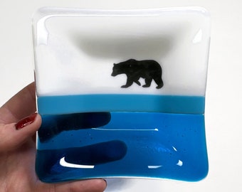 Bear fused glass plate, blue serving dish, trinket tray, spoon rest, plater, bear decor, gifts for her, jewelry tray, housewarming presents