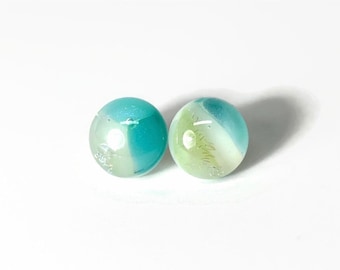 Marbled green and white stud earrings, dichroic fused glass jewelry, round minimalist earrings, gifts for her
