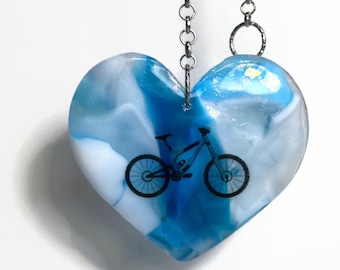Handcrafted Mountain bike Heart Sun catcher, Fused Glass Colourful Ornament, Unique Gift Idea, Special Keepsake for Mom