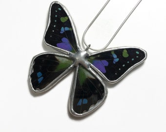 Butterfly jewelry, rainbow pendant, insect pendant, real butterfly wing, butterfly taxidermy jewelry, recycled butterfly jewelry, glass