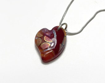 Sparkling Heart Pendant Necklace, Red Dichroic Glass Jewelry with Chain, Gift for Her