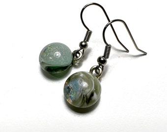 Iridescent Marbled Green Dangle Earrings, Fused Dichroic Glass Jewelry, Handcrafted Gifts for Her