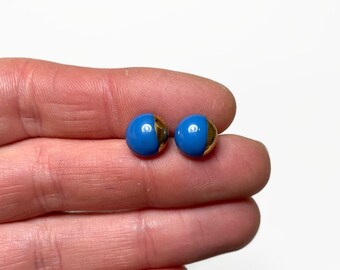 Handmade Metallic Blue Glass Stud Earrings, Elegant Gifts for Her, Artisan Fused Glass Jewelry