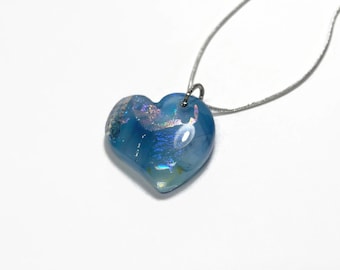 Blue heart fused glass pendant handmade dichroic glass jewelry, unique friends gifts, iridescent minimalist necklace, chain included