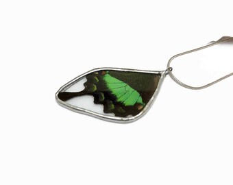 Green black pendant real butterfly wing jewelry unique friends gifts glass iridescent necklace stained glass wing chain included