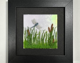 Dragonfly fused glass art panel summer scenery picture, glass home decor, glass wall sculpture, three dimensional art