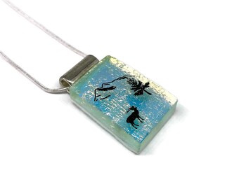 Wildlife iridescent glass pendant, fused dichroic jewelry, nature lover gifts, chain included