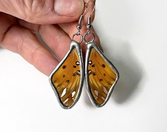 Orange silver stain glass wing earrings, real butterfly jewelry, dangle earrings for her, gifts for girlfriend