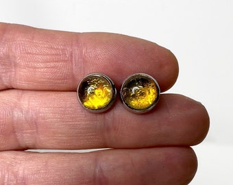 Amber Iridescent Dichroic Glass Stud Earrings, Handmade Fused Glass Jewelry