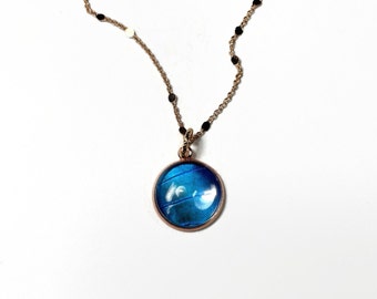 Blue iridescent pendant, real butterfly wing jewelry, rose gold necklace, rhetenor morpho, gifts for her, chain included