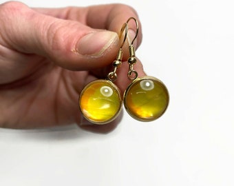 Yellow earrings, glass dangle earrings, real butterfly wing jewelry, gifts for her, gold tone, hypoallergenic, unique presents