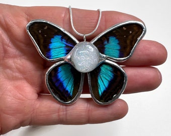 One-of-a-Kind Teal Butterfly Pendant, Stained Glass Wing Necklace, Nature Inspired Jewelry, Artisan Crafted Gifts for Her