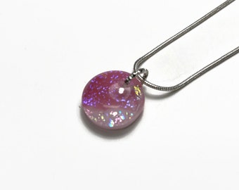 Reflective pink iridescent pendant, dichroic round necklace, fused glass jewelry, chain included, unique gifts for her