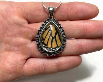 Orange black butterfly pendant real monarch butterfly wing teardrop glass pendant teacher gifts necklace included