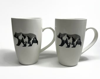 Bear coffee cup, Gray and white, tea mug, ceramic mug, set of two, bear home decor