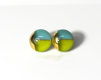 Geometric stud earrings, metallic gold studs, fused glass jewelry, gifts for her, unique handcrafted presents, hypoallergenic, 11mm