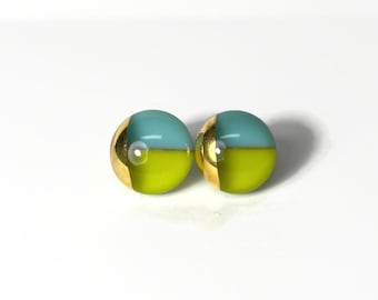 Green blue earrings, metallic gold studs, geometric, fused glass jewelry, gifts for her, unique handcrafted presents, hypoallergenic, 11mm