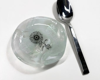 Artisan Crafted Sunflower Marbled Spoon Rest, Fused Glass Utensil Holder Dish, Kitchen Home Decor, unique gifts for her