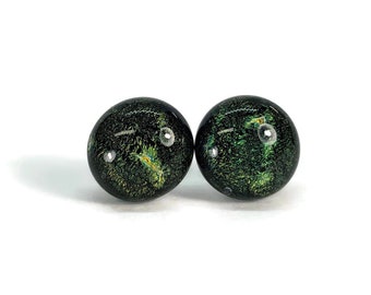 Reflective green stud earrings, fused glass jewelry, dichroic round earrings, 10mm, hypoallergenic, gifts for her, unique presents