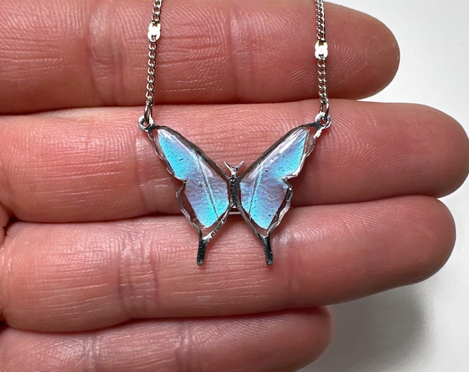 Featured listing image: Blue pendant, iridescent, real butterfly wing jewelry, Blue Morpho butterfly, resin pendant, necklace included