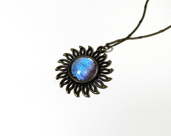 Blue sun pendant butterfly jewelry sulkowski morpho, unique teacher gifts, real butterfly Wing, bronze glass necklace, chain included