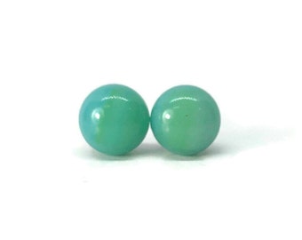 Green earrings dichroic glass jewelry fused glass stud earrings, hypoallergenic, 7mm