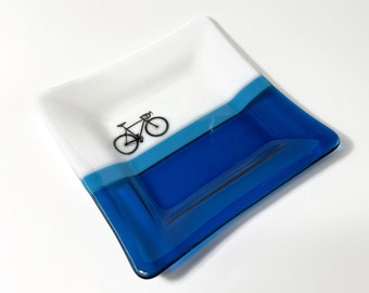 Road bike serving plate, spoon rest, fused glass dish, trinket tray, unique presents, bike decor, bike enthusiast, housewarming gifts