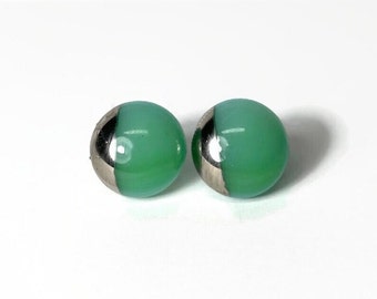 Green silver stud earrings fused glass jewelry round minimalist metallic studs hypoallergenic best friend gifts handmade in Canada