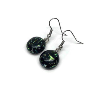 Green dichroic glass iridescent dangle earrings, fused jewelry, unique gifts for her, hypoallergenic