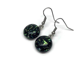 Green dichroic glass iridescent dangle earrings, fused jewelry, unique gifts for her, hypoallergenic