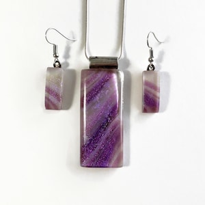 Purple iridescent fused glass pendant and earrings set Dichroic glass jewelry unique gifts for her chain included